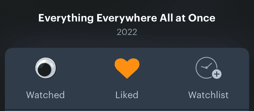 screenshot of letterboxd app. For the Everything Everywhere All At Once movie, they have changed the icon for a watched movie from the normal eye outline, to happy eyes featured in the movie