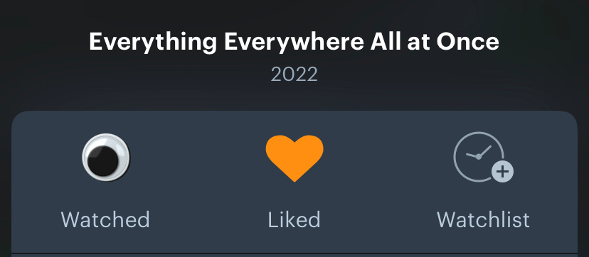 screenshot of letterboxd app. For the Everything Everywhere All At Once movie, they have changed the icon for a watched movie from the normal eye outline, to happy eyes featured in the movie